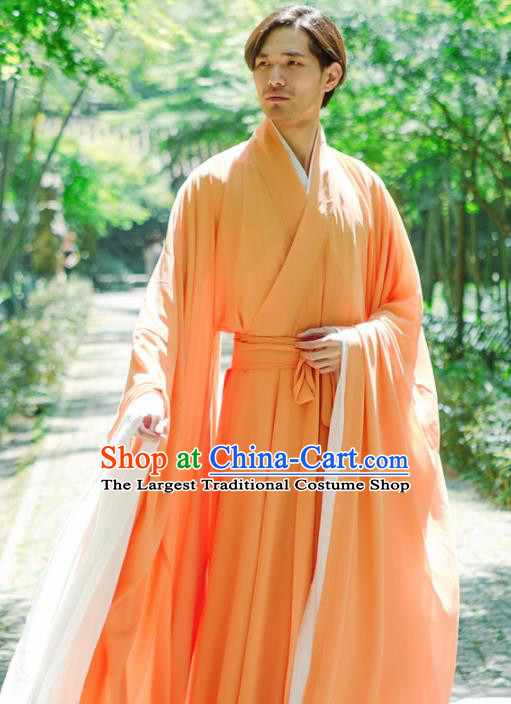 Chinese Ancient Traditional Jin Dynasty Orange Straight-Front Robe Scholar Swordsman Costumes for Men