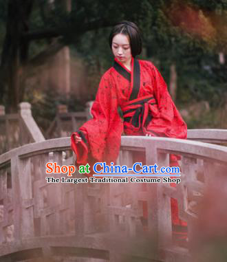 Traditional Chinese Han Dynasty Princess Costume Ancient Red Curving-Front Robe for Women