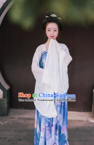 Traditional Chinese Tang Dynasty Imperial Consort Costume Ancient Maidenform Blue Hanfu Dress for Women