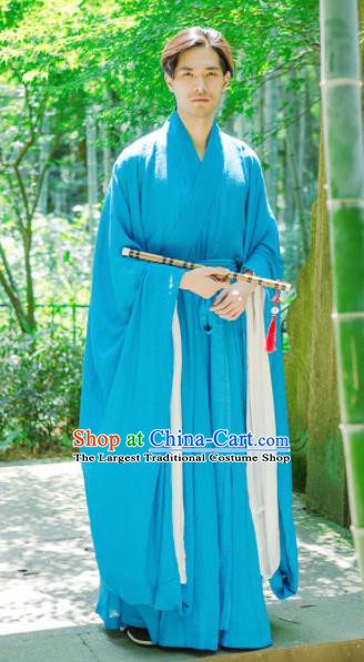 Chinese Ancient Traditional Jin Dynasty Blue Wide Sleeve Robe Scholar Swordsman Costumes for Men