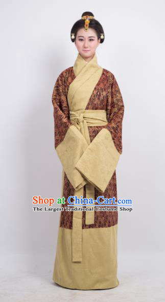 Traditional Chinese Han Dynasty Countess Brown Curving-Front Robe Ancient Palace Lady Costume for Women
