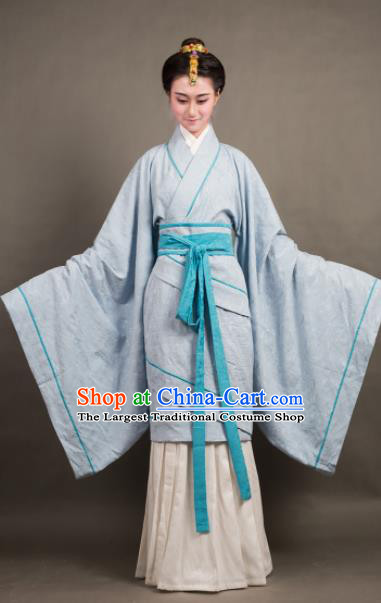 Traditional Chinese Han Dynasty Countess Blue Curving-Front Robe Ancient Palace Lady Costume for Women