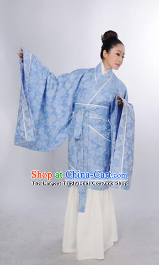 Traditional Chinese Han Dynasty Marquise Costume Ancient Princess Blue Curving-Front Robe for Women
