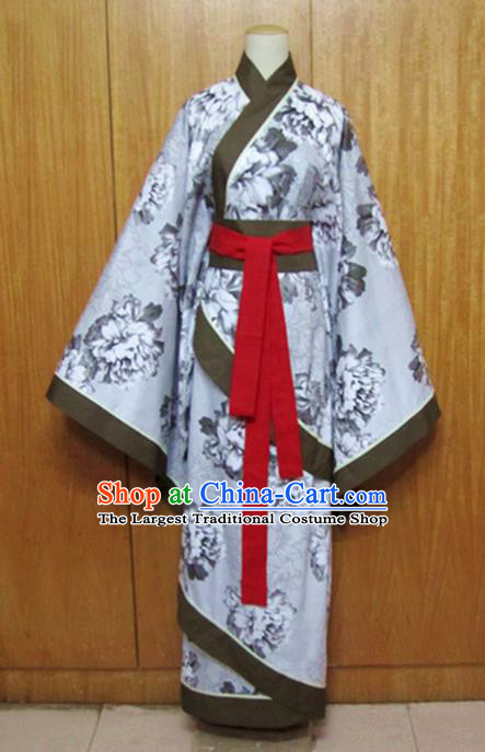 Traditional Chinese Han Dynasty Printing Grey Curving-Front Robe Ancient Princess Costume for Women