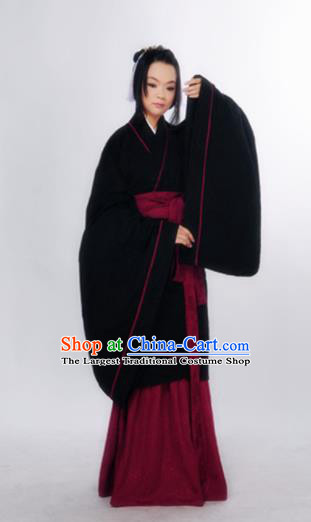Traditional Chinese Han Dynasty Marquise Costume Ancient Palace Lady Black Curving-Front Robe for Women