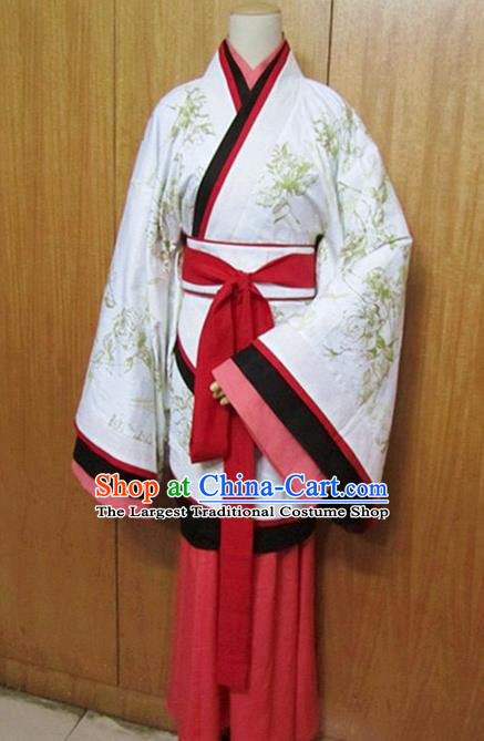 Traditional Chinese Han Dynasty White Curving-Front Robe Ancient Princess Costume for Women