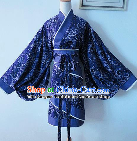 Traditional Chinese Han Dynasty Young Lady Navy Hanfu Dress Ancient Swordsman Costume for Women