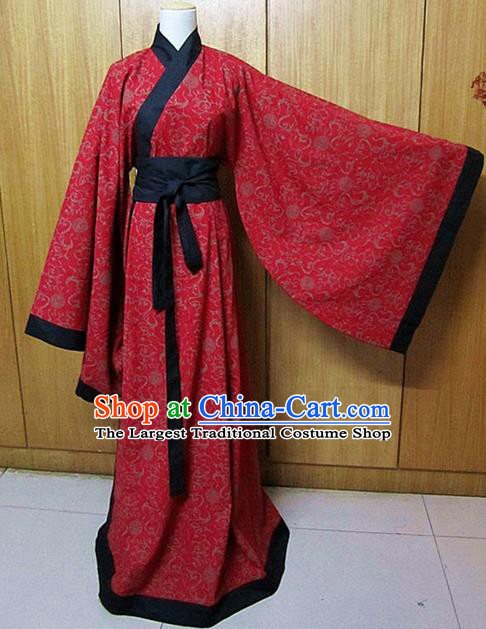 Chinese Traditional Han Dynasty Scholar Wedding Costumes Ancient Nobility Childe Red Robe for Men