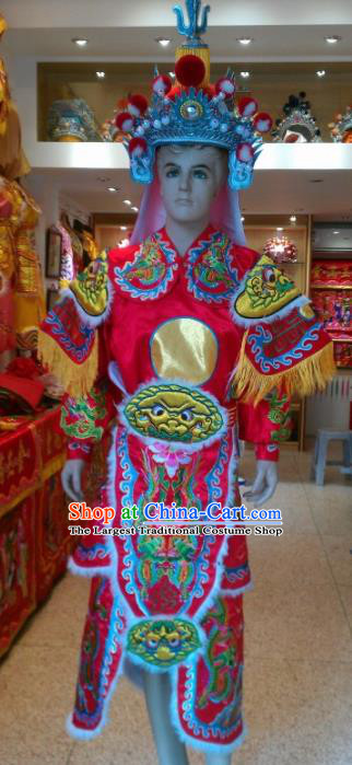 Traditional Chinese Beijing Opera Takefu Costume General Embroidered Red Clothing and Hat for Men