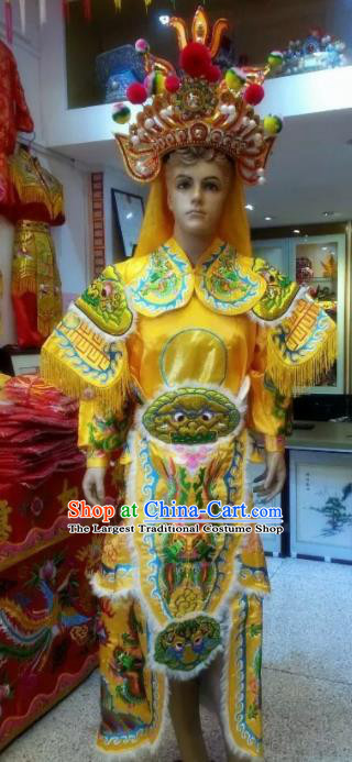 Traditional Chinese Beijing Opera Takefu Costume General Embroidered Yellow Clothing and Hat for Men