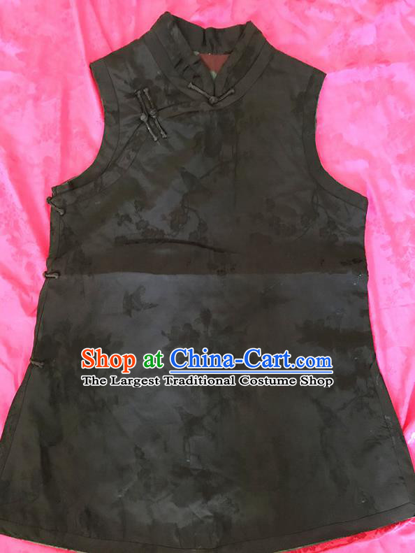 Traditional Chinese Handmade Black Brocade Waistcoat Costume Tang Suit Embroidered Vest for Women