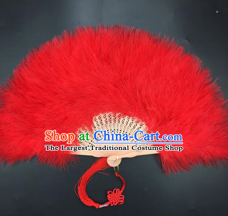 Traditional Chinese Crafts Red Feather Folding Fan China Folk Dance Feather Fans