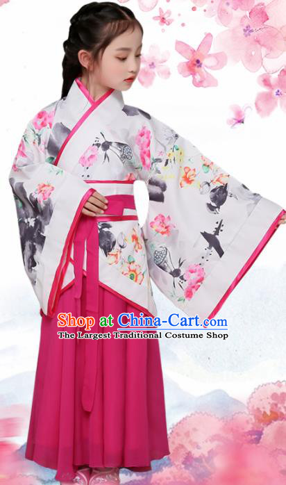Chinese Han Dynasty Princess Costume Ancient Young Lady Printing Lotus Hanfu Clothing for Kids