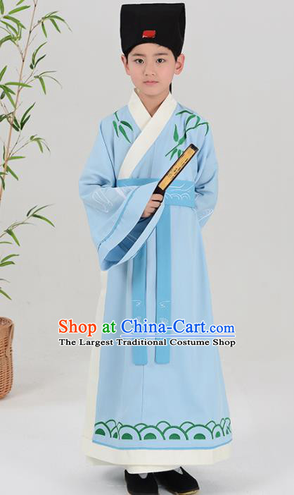 Chinese Han Dynasty Scholar Costume Ancient Blue Hanfu Robe for Kids