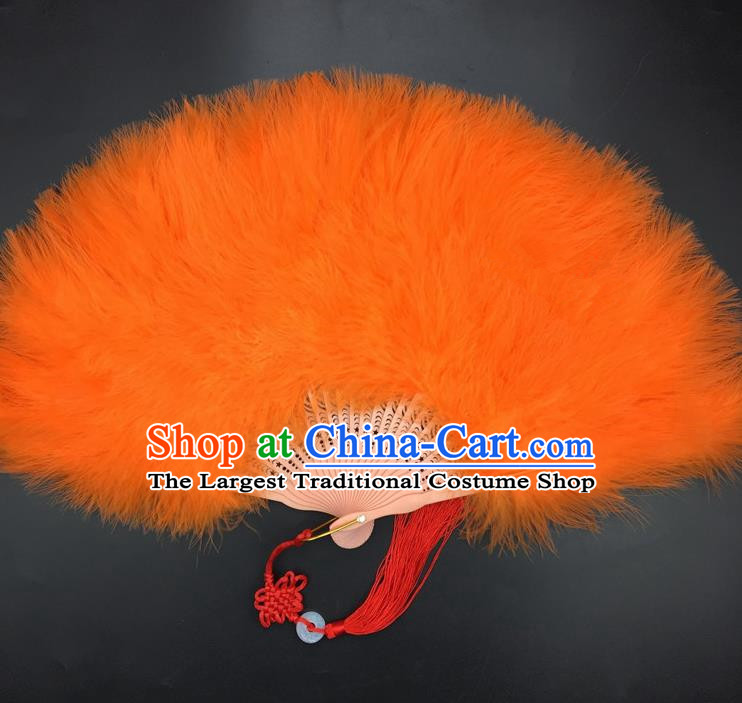 Traditional Chinese Crafts Orange Feather Folding Fan China Folk Dance Feather Fans