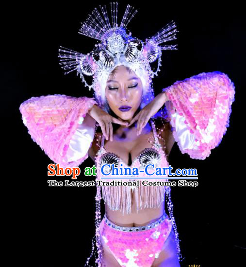 Professional Stage Performance Costume Halloween Cosplay Mermaid Pink Clothing and Headwear for Women