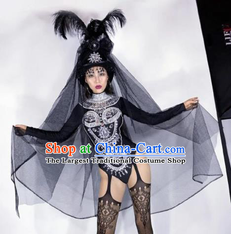 Professional Stage Performance Halloween Costume Brazilian Carnival Cosplay Black Clothing and Feather Headwear for Women