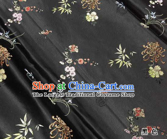 Chinese Traditional Black Silk Fabric Cheongsam Tang Suit Plum Blossom Orchid Bamboo and Chrysanthemum Pattern Brocade Cloth Drapery