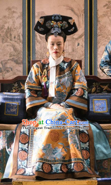Ancient Ruyi Royal Love in the Palace Chinese Qing Dynasty Empress Dowager Embroidered Costumes and Headpiece Complete Set