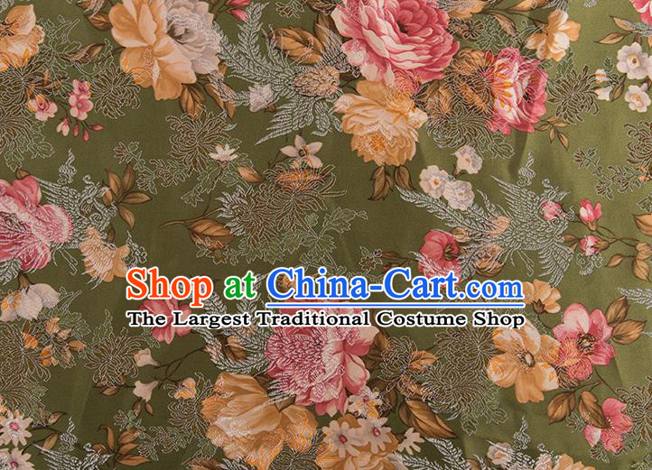 Chinese Traditional Peony Flowers Pattern Tang Suit Olive Green Brocade Fabric Silk Cloth Cheongsam Material Drapery