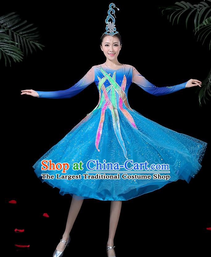 Professional Modern Dance Costume Chorus Folk Dance Blue Veil Dress for Women