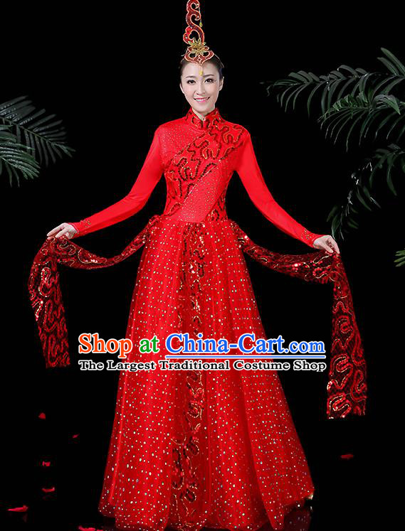 Chinese Classical Dance Costume Traditional Folk Dance Red Dress for Women