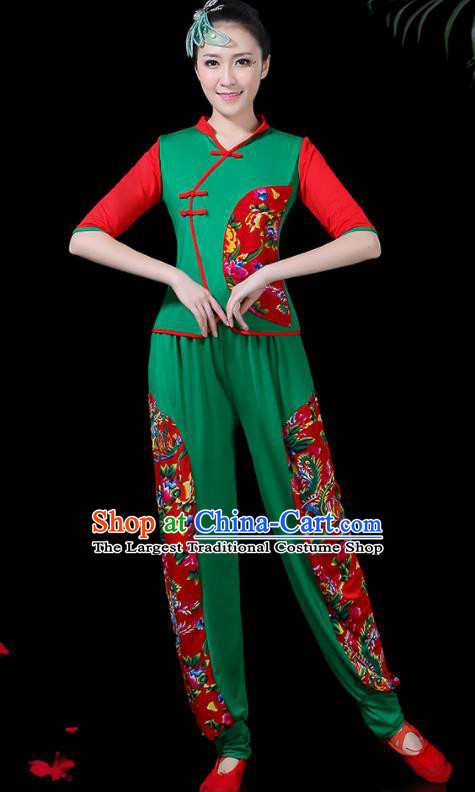 Chinese Classical Fan Dance Green Costume Traditional Folk Dance Yangko Clothing for Women