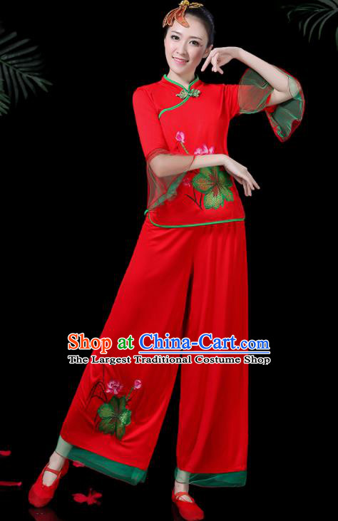 Chinese Classical Drum Dance Red Costume Traditional Folk Dance Lotus Dance Yangko Clothing for Women