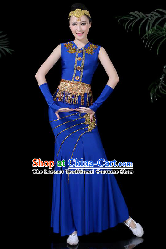 Chinese Traditional Classical Peacock Dance Royalblue Dress Dai Minority Folk Dance Costume for Women
