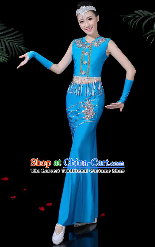 Chinese Traditional Classical Peacock Dance Blue Dress Dai Minority Folk Dance Costume for Women