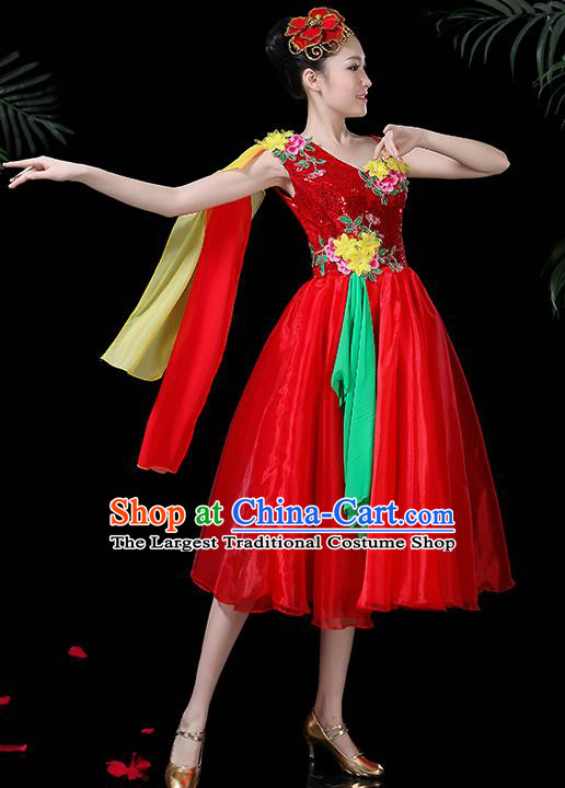 Professional Opening Modern Dance Costume Stage Performance Chorus Red Dress for Women