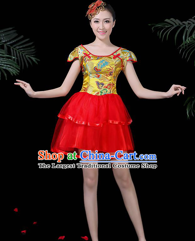 Chinese Classical Dance Drum Dance Yellow Dress Traditional Folk Dance Fan Dance Clothing for Women