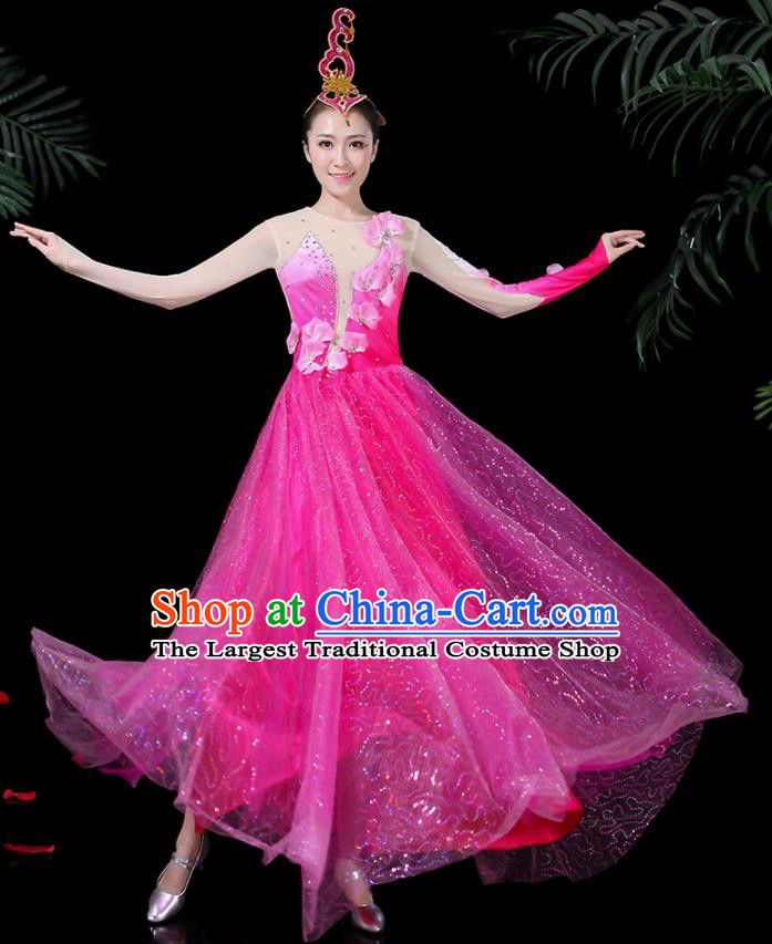 Chinese Classical Dance Rosy Long Dress Traditional Folk Dance Fan Dance Clothing for Women
