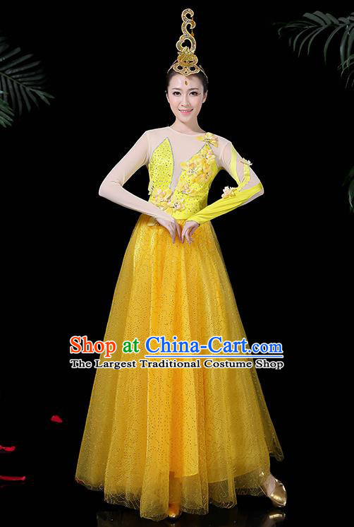 Chinese Classical Dance Yellow Long Dress Traditional Folk Dance Fan Dance Clothing for Women