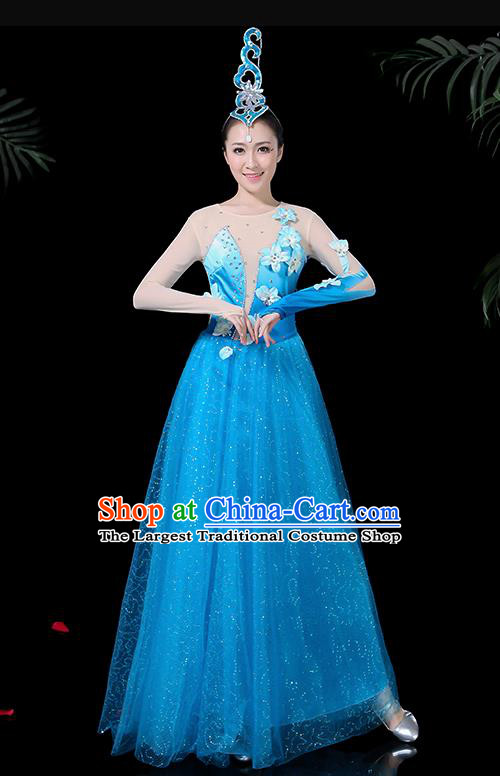 Chinese Classical Dance Blue Long Dress Traditional Folk Dance Fan Dance Clothing for Women