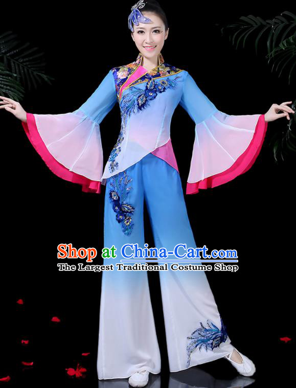 Traditional Chinese Classical Dance Fan Dance Blue Costume, China Yangko  Dance Water Sleeve Clothing for Women