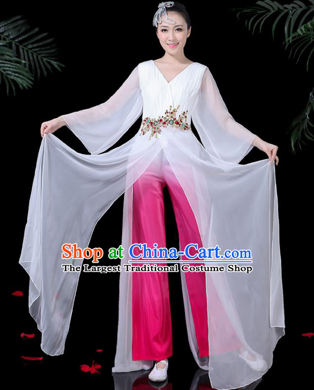 Chinese Classical Dance White Costume Traditional Folk Umbrella Dance Yangko Fan Dance Clothing for Women