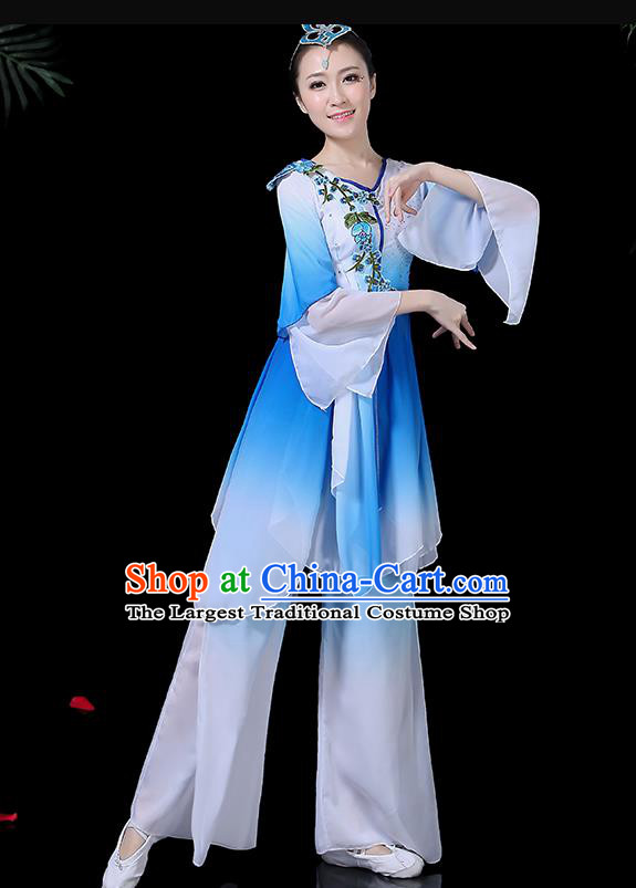 Traditional Fan Dance Blue Dress Chinese Classical Dance Umbrella Dance Costume for Women