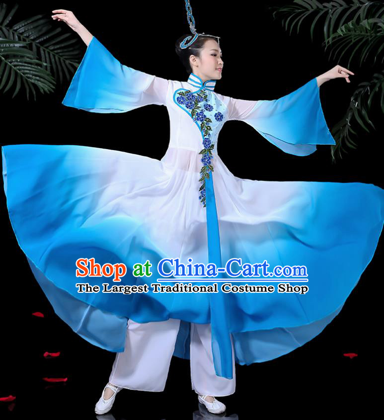 Chinese Classical Dance Costume Traditional Umbrella Dance Fan Dance Blue Dress for Women