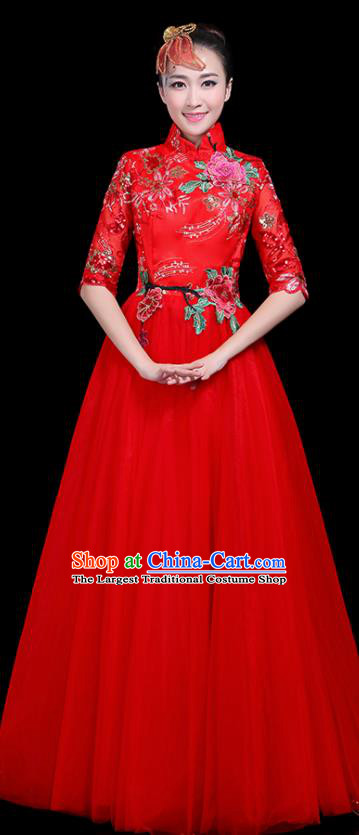 Professional Dance Modern Dance Costume Stage Performance Chorus Red Veil Dress for Women