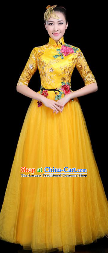 Professional Dance Modern Dance Costume Stage Performance Chorus Yellow Veil Dress for Women