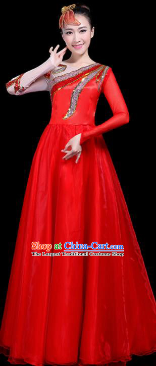 Professional Dance Modern Dance Costume Stage Performance Chorus Red Long Dress for Women