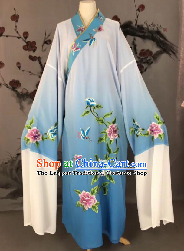 Chinese Traditional Beijing Opera Scholar Costume Peking Opera Niche Blue Embroidered Robe for Adults