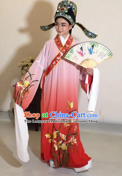 Chinese Traditional Beijing Opera Scholar Costume Peking Opera Embroidered Orchid Red Robe for Adults