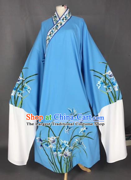 Chinese Traditional Beijing Opera Scholar Embroidered Orchid Blue Robe Peking Opera Niche Costume for Adults