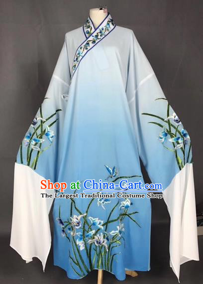 Chinese Traditional Beijing Opera Scholar Embroidered Orchid Gradient Blue Robe Peking Opera Niche Costume for Adults