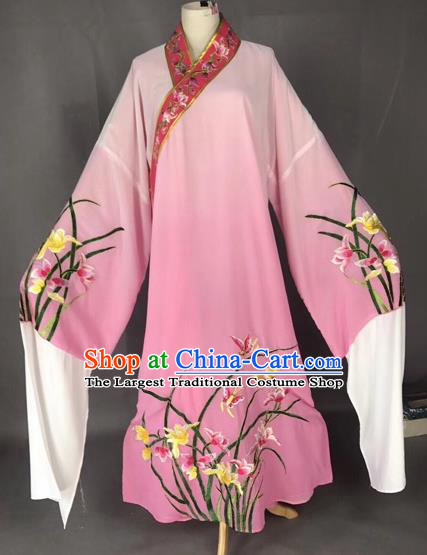 Chinese Traditional Beijing Opera Scholar Embroidered Orchid Gradient Pink Robe Peking Opera Niche Costume for Adults
