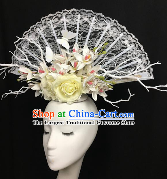 Top Halloween White Lace Hair Accessories Stage Show Chinese Traditional Catwalks Headpiece for Women