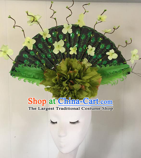 Top Halloween Green Peony Hair Accessories Stage Show Chinese Traditional Catwalks Headpiece for Women