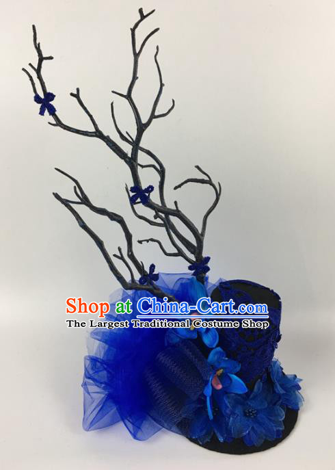 Top Halloween Catwalks Hair Accessories Stage Show Blue Veil Top Hat Headdress for Women